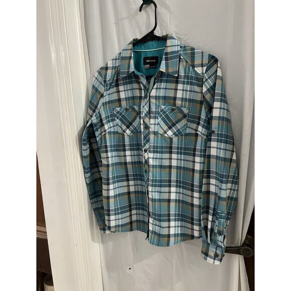 Marmot Teal Plaid Button Up Shirt Sz S Outdoor Hiking Camping - Picture 1 of 6